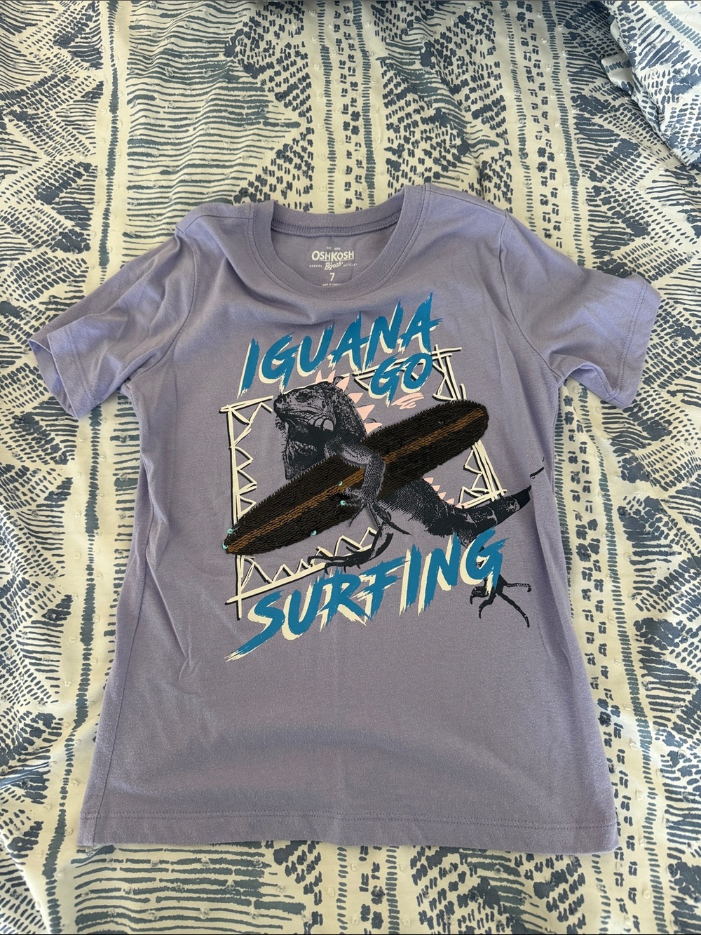 OshKosh Lilac Sequins Tee with Turquoise Surfing Graphic